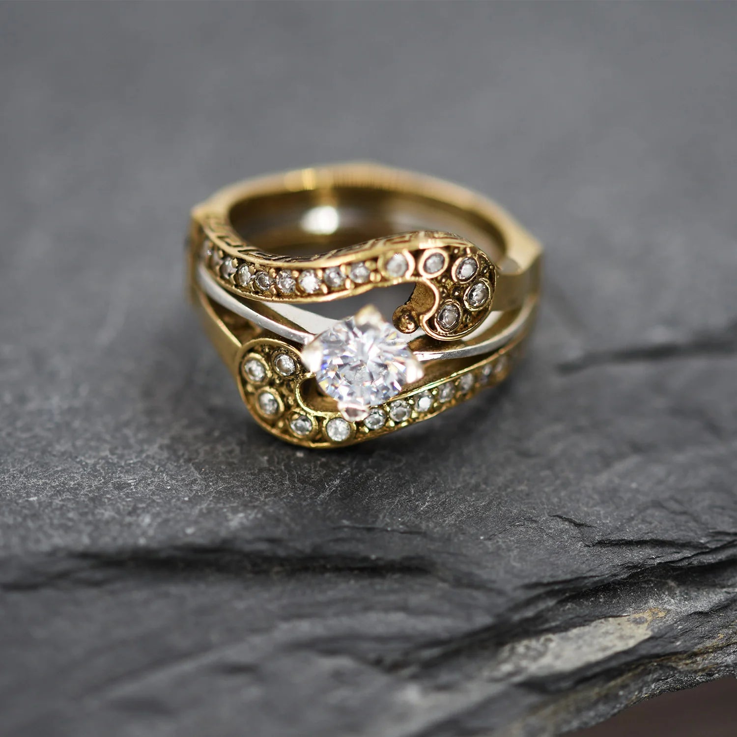 Brass swirl CZ ring with silver band