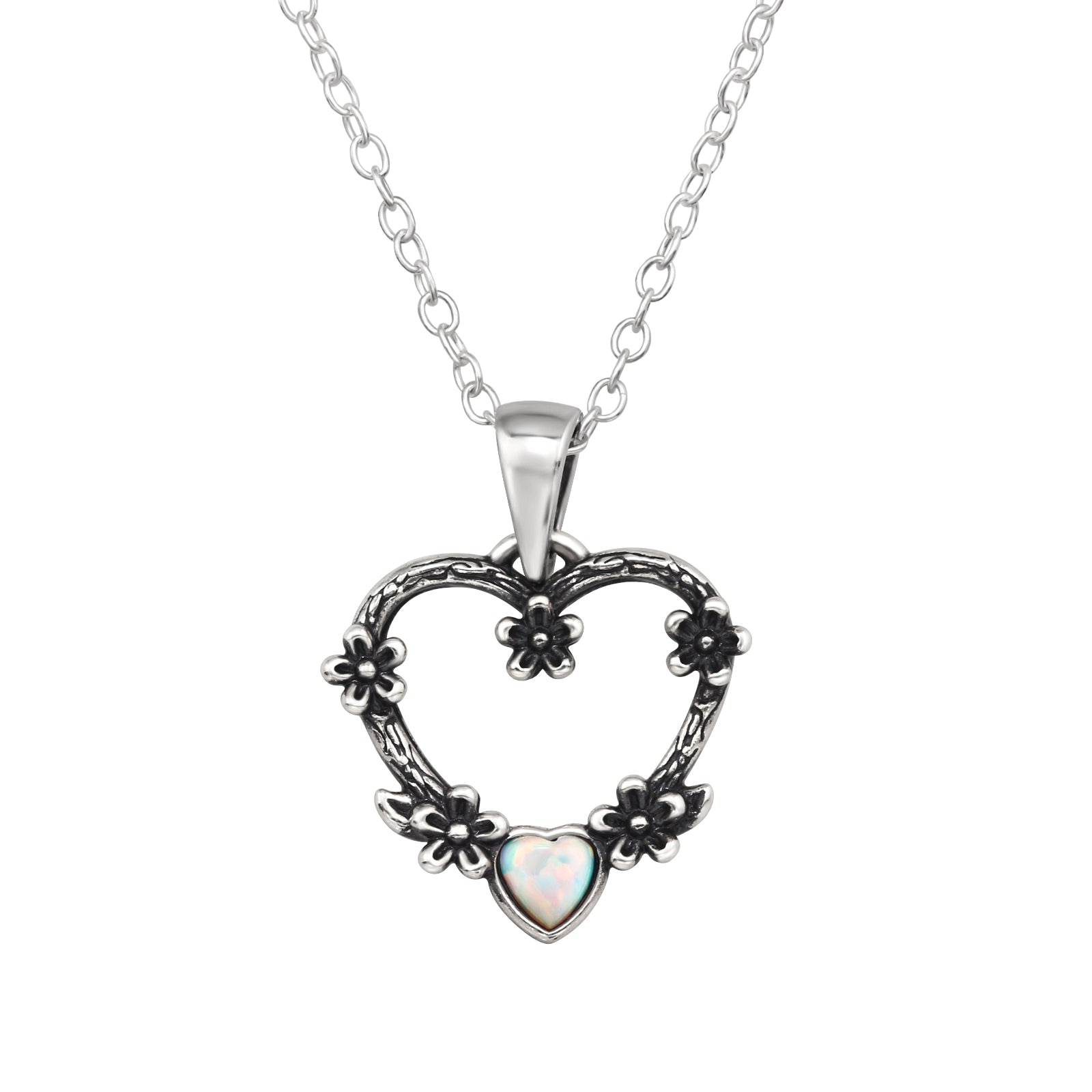 Open Heart With Flowers And Heart - 925 Sterling Silver Jewelled Necklace